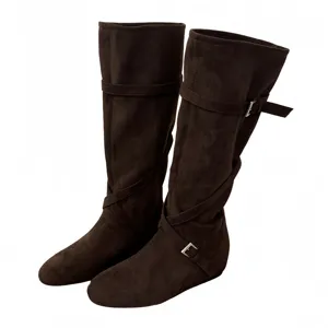 Dark brown suede tall boots for women with stylish buckle and cross strap design main.