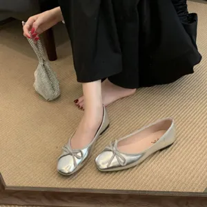 French square toe shallow bow flat ballet shoes for women, versatile soft sole casual footwear.
