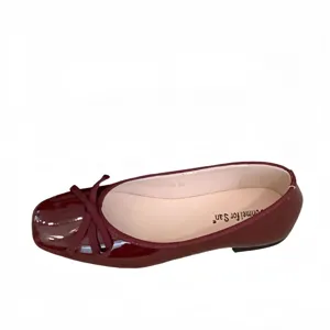 Burgundy square toe flat ballet shoes for women with cute bow, elegant daily casual footwear
