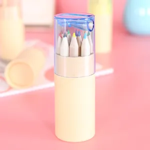 Detailed close-up of wooden colored pencils set in a cylindrical paper tube with sharpener lid.