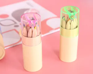 Wooden colored pencils set with sharpener cap, 12 colors creative kids drawing stationery.