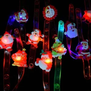 Christmas LED glowing slap bracelets featuring colorful Santa Claus and tree toy wristbands.