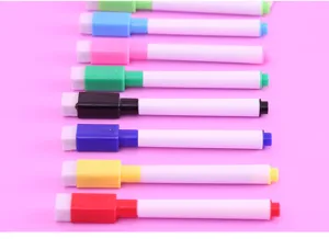 Colorful whiteboard markers detail shot, erasable pens with eraser caps for kids school stationery.