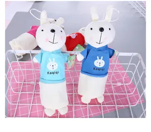 Cute plush rabbit pencil case with hoodie, cartoon stationery pouch for students and kids.