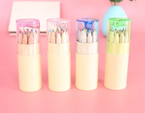 Detail shot of wooden colored pencils in portable tube cases with built-in sharpeners.