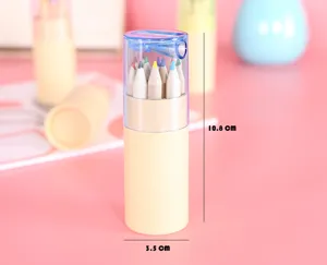 Detailed view of wooden color pencil set in cylindrical container with sharpener lid.