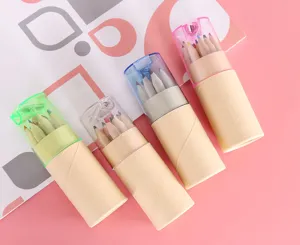 Portable mini wooden colored pencil set with cute cylindrical paper tube container.
