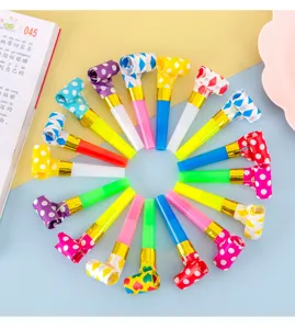 Colorful party blowers details, candy color plastic blowouts for kids birthday celebration.