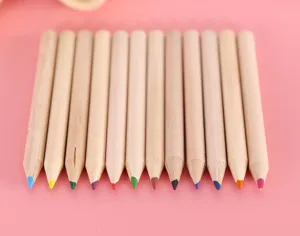 Detail view of 12 colored pencils set, natural wood barrel with vibrant multi-color tips.