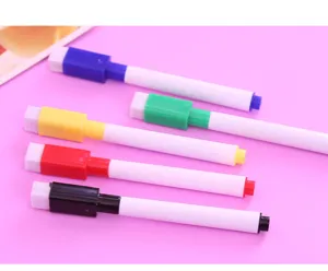 Magnetic whiteboard markers detailed view showing multi-color pens with eraser caps for kids.