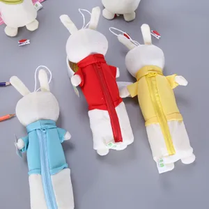 Cute rabbit plush pencil case with zipper design, colorful soft cartoon stationery box for kids.