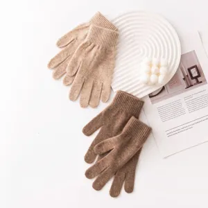 Detailed shot of thick knit wool gloves in beige and brown, showing fine texture and warm design.