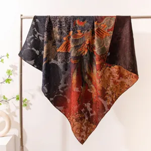 Retro Chinese style silk square scarf with elegant phoenix and peony print. Premium soft accessory.