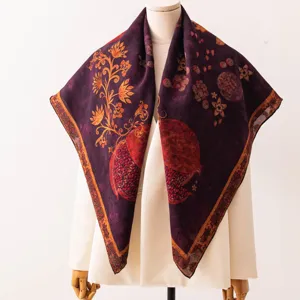 Vintage silk pomegranate square scarf detail, elegant mulberry silk floral print neckerchief.