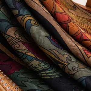 Vintage printed mulberry silk scarf detail shot, elegant retro artistic design for women.