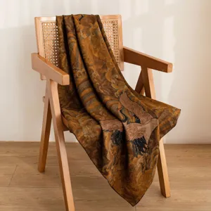 Vintage mulberry silk square scarf with elegant crane and cloud print for women's daily wear.