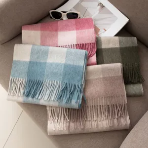 Women winter cozy plaid wool scarf with fringe tassel stylish warm fashion neck wrap soft