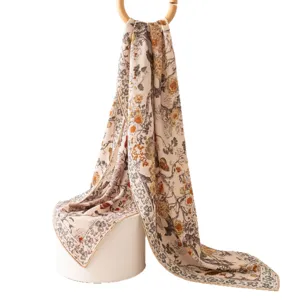 Luxury silk wool long scarf for women vintage floral botanical print elegant neck wrap lightweight