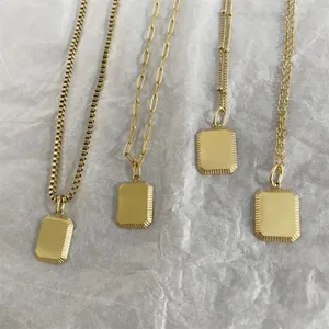 Gold Stainless Steel Square ID Tag Pendant Necklace Set for Men Fashion Jewelry Gifts