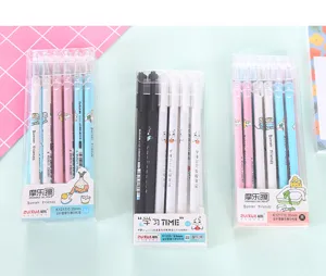 Cartoon erasable gel pens set with 0.35mm and 0.5mm cute student stationery black and blue ink.