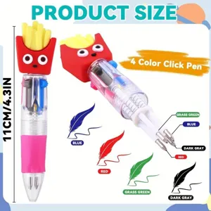 Cute cartoon french fry 4-color click pen detail view showing size and colorful writing ink.