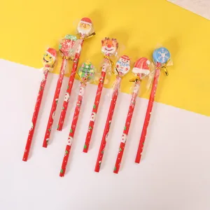 Christmas Wooden Pencil Cute Cartoon Eraser Top HB Pencil Festive Holiday Student Stationery Gift Supplies