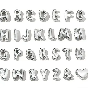 Retro 3D bubble English letter charms, silver metal alphabet beads for DIY jewelry making.