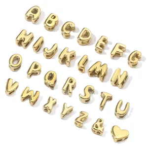 Gold 3D bubble alphabet letter beads and charms, metal DIY jewelry accessories for necklaces.