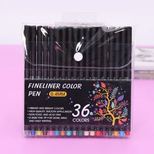 Detailed shot of 36 colors 0.4mm fine tip fineliner pens set in clear packaging box.
