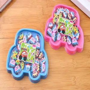 Plastic car shaped container with colorful mini cartoon erasers set for kids stationery gift.