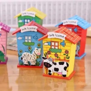 Cute wooden house piggy bank with cartoon animals, perfect coin saving box for kids.