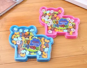 Korean stationery cute animal eraser set in plastic tray, creative gift for kids school.