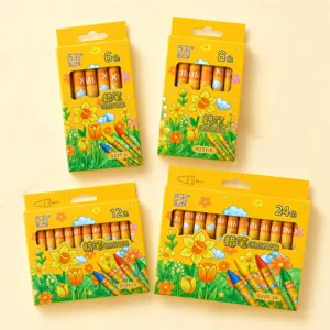 Detailed view of children colorful crayons sets in 6, 8, 12 and 24 color options.