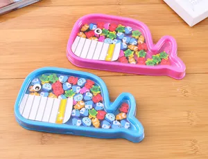 Whale shaped plastic tray set with cute mini cartoon animal erasers, creative gift.