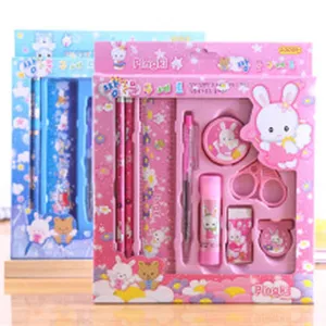 Korean cute cartoon stationery set with pencil ruler pen scissors eraser for school kids