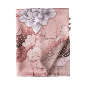Chinese style lotus print mulberry silk double layer long scarf shawl for women gift