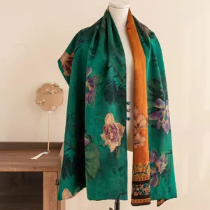 Élégant foulard châle en soie style chinois, écharpe drapée florale double couche.