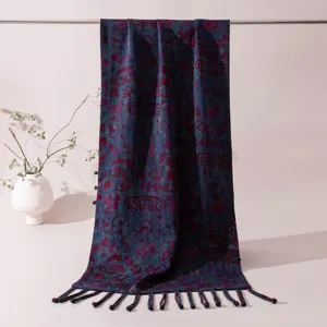 Luxurious Chinese style silk Xiangyunsha long scarf shawl with tassels and frog buttons.