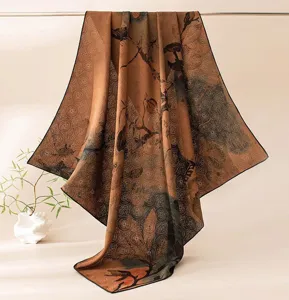 Detailed view of traditional Chinese silk scarf with elegant brown tone and antique botanical print.