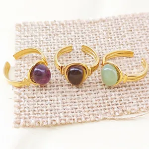 Roestvrijstalen 18K vergulde open ringen met inleg van ovale halfedelstenen sieraden