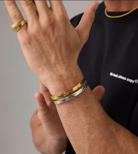 Stainless steel open cuff bangles for men, minimalist chic design, durable metal jewelry.