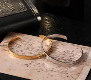 Minimalist stainless steel open cuff bracelet set, sleek polished gold and silver metal jewelry.