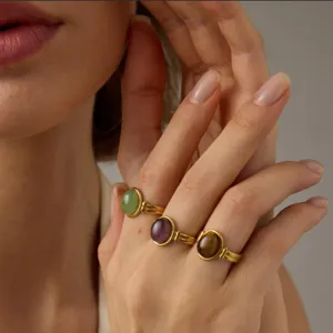 Roestvrij Staal Ovale Halfedelsteen Open Ring 18K Vergulde Verstelbare Vingerring Geometrische Mode Sieraden Voor Vrouwen Mannen