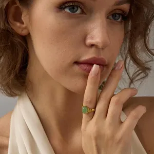 Roestvrij staal 18K verguld ovaal groen edelsteen open ring voor dames mode sieraden