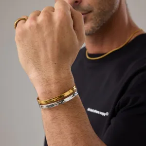 Stainless steel open cuff bracelet for men, minimalist smooth metal stacked bangles daily wear.