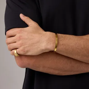 Minimalist stainless steel open cuff bracelet and smooth ring set for men in gold color.