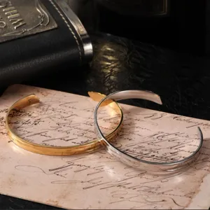 Stainless steel open cuff bracelet minimalist smooth metal gold and silver bracelets for men