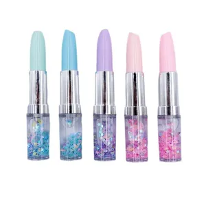 Cute lipstick shape gel ink pen with glitter liquid quicksand design, creative student stationery.