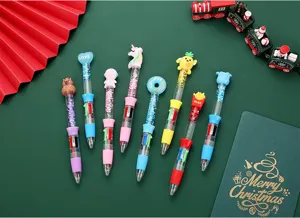 Cute cartoon quicksand four color ballpoint pens with glitter details for students school.