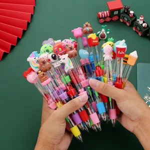 Cute cartoon quicksand four-color ballpoint pen set with assorted animal toppers for students.